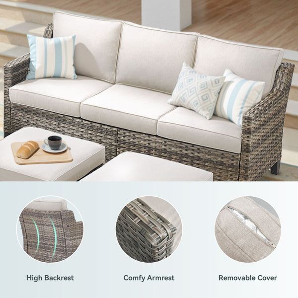 English Elm 73.2" Outdoor Handwoven Rattan 3 Seat Sofa with Olefin Cushions for Porch or Patio Beige T3773P416337
