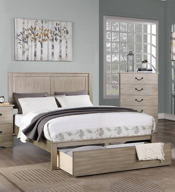 English Elm Rustic Eastern King Panel Bed with Footboard Drawer Pine and Antique Silver Farmhouse Frame B011S02096