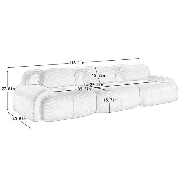 English Elm 3-seat Modular Corduroy Sofa with Curved Armrests and Resilient Cushions for Living Rooms W714S01406