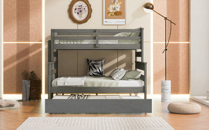 English Elm Wood Twin over Full Bunk Bed with Twin Trundle – Space-Saving Pine/MDF Triple Bed, Sturdy & Safe Design Grey GX000448AAE-1