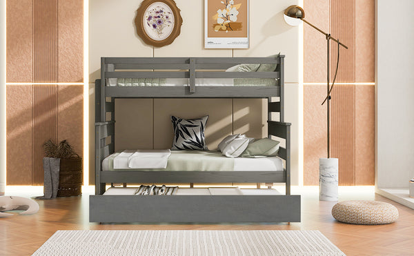 English Elm Wood Twin over Full Bunk Bed with Twin Trundle – Space-Saving Pine/MDF Triple Bed, Sturdy & Safe Design Grey GX000448AAE-1