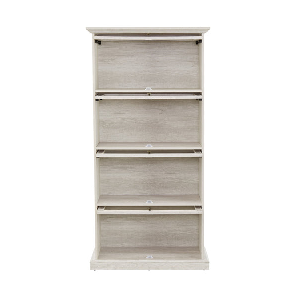 English Elm Glass 4-Tier Display Cabinet with Tempered Glass Doors, Flip-Up Access, Aluminum Frame, Elegant Chic Storage for Collectibles and Books Antique White W2275P206602