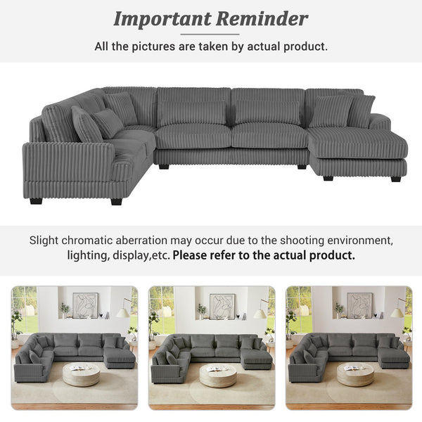 English Elm 129" Oversized Sectional Sofa U-Shaped Corduroy Chaise Lounge with Curved Armrests Plush Foam Comfort Dark Gray N719S001690R