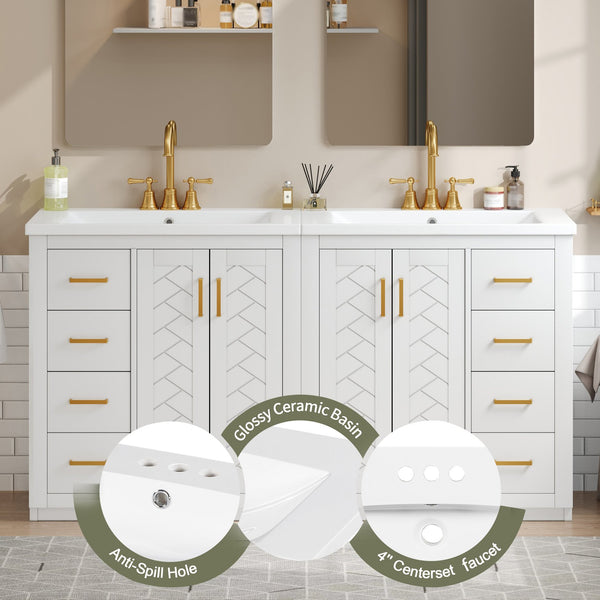English Elm 60'' Modern Bathroom Vanity Set With Ceramic Sink, Solid Wood Frame, Soft-Close Drawers & Doors N710SS00001K