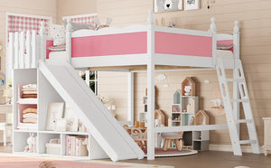 English Elm Queen Loft Bed With Fun Slide, Storage Shelves, Solid Wood Construction, Pink & White Finish, Easy Assemble W1580S00248-GIGA