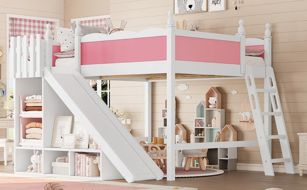 English Elm Queen Loft Bed With Fun Slide, Storage Shelves, Solid Wood Construction, Pink & White Finish, Easy Assemble W1580S00248-GIGA