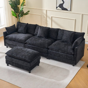 English Elm 108" L-shaped Chenille Cloud Sectional Deep Seat Sofa with Ottoman for Living Rooms Black W3244S00004