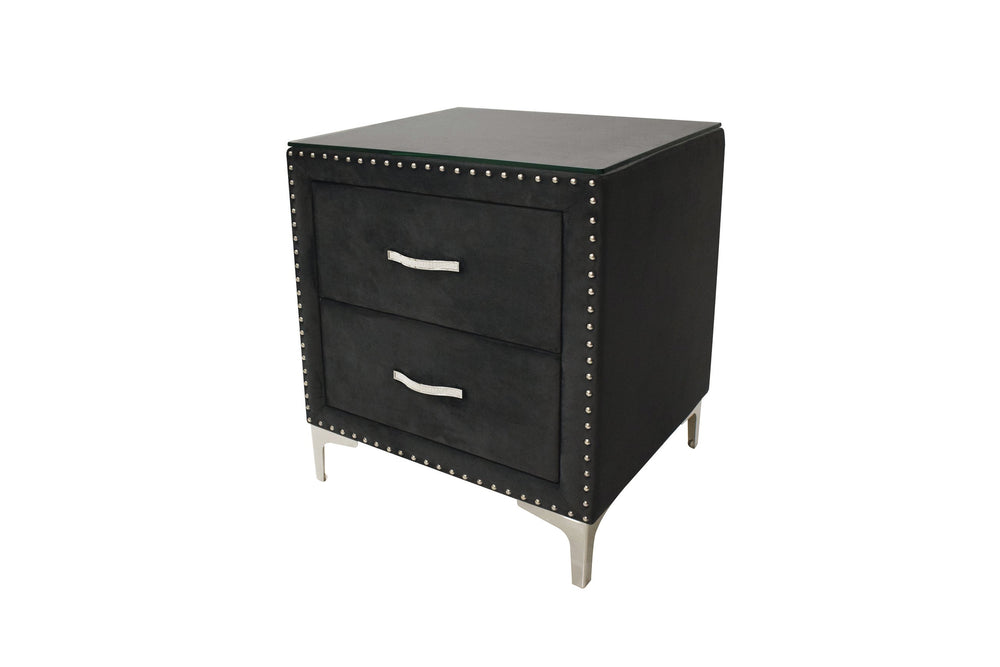 English Elm 1pc Glam Style Two-Drawer Nightstand Upholstered Fabric with Nailhead Trim, Tufted, Tempered Glass Top, Modern Bedroom Storage B011P288732