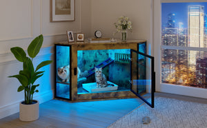 English Elm 48" Corner Mdf Cat Litter Enclosure Cabinet with Led Acrylic Door and Play Loft Tiger N704P402446D