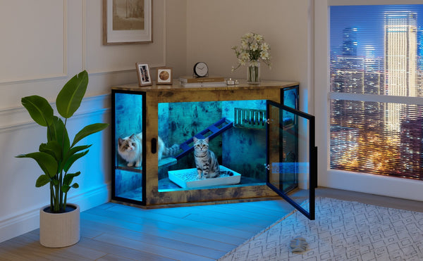 English Elm 48" Corner Mdf Cat Litter Enclosure Cabinet with Led Acrylic Door and Play Loft Tiger N704P402446D