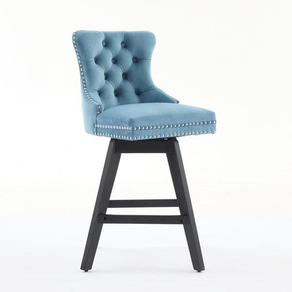 English Elm Swivel Velvet Barstools with Tufted Back Support, 360° Rotation, Foam & Spring Cushion, Sturdy Wooden Frame Light Blue W1143P369089
