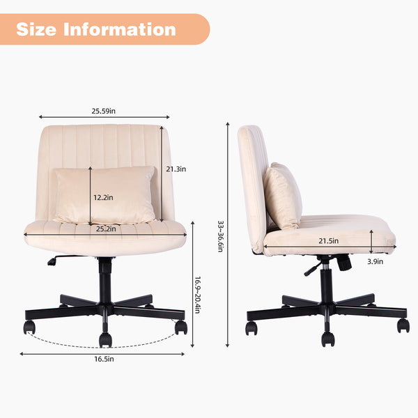 English Elm Beige Velvet Criss Cross Office Chair Model 875 - Plush Ergonomic Swivel Seat with Wheels & Pillow W3394P329163