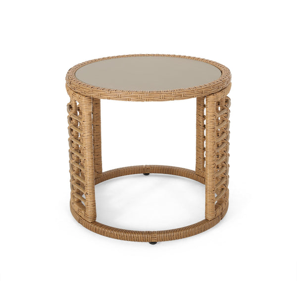 English Elm Christopher Knight Home® - TATIANA Side Table Rattan Accent with Sleek Round Profile, Durable Woven Texture, Compact Design Light Brown 66027.00LBRN