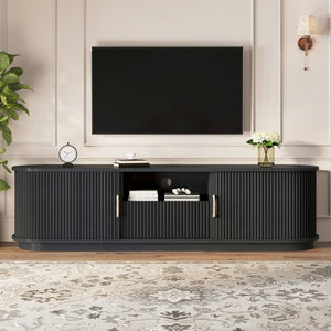 English Elm Vintage Farmhouse Media Console with Slatted Sliding Doors and Brass Hardware for Living Room Black N721P427206B
