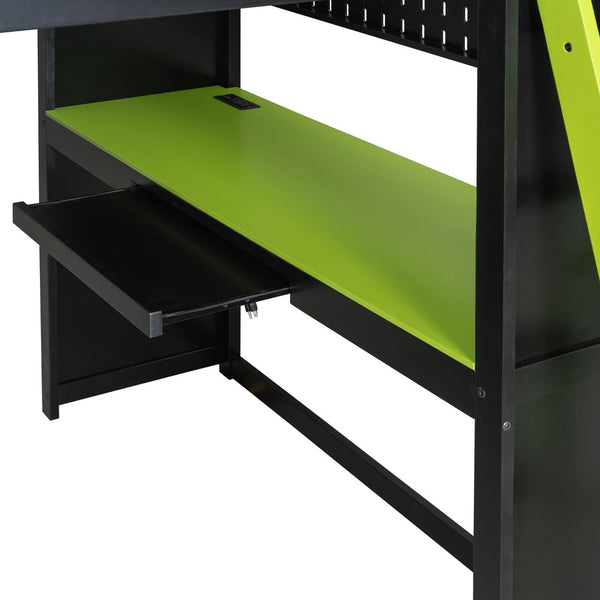 English Elm Full Size Wood Loft Bed with Wardrobe Desk Shelves Rgb Lighting and Blackout Curtains Black+Green LT000269AAF-1