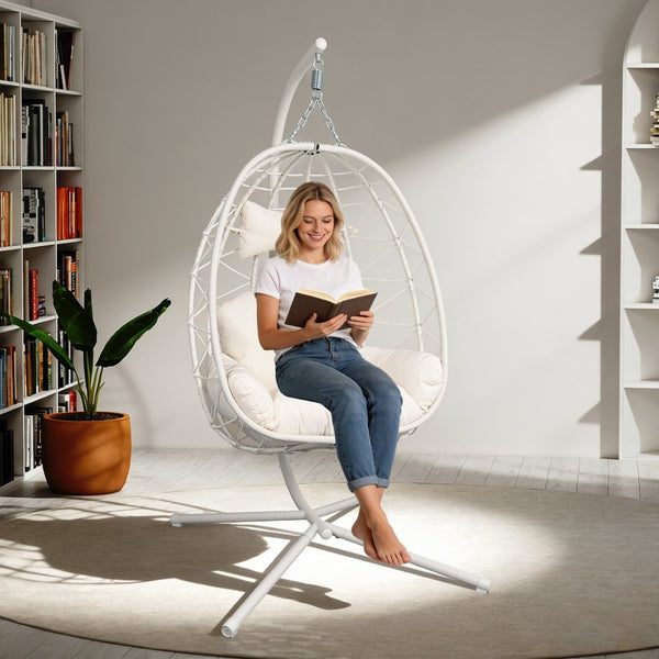 English Elm Hanging Egg Chair with Stand Pe Wicker Ergonomic Swing Seat for Patio or Bedroom T5880P497557