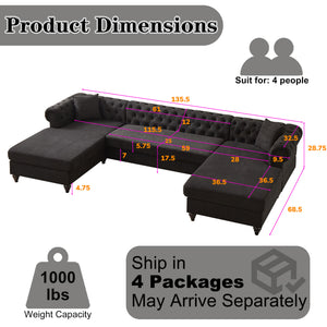 English Elm 135.5-inch Modern Chenille U-Shaped Sectional Sofa with Dual Chaise, Pull-Point Detail, Pillows, Wooden Legs Black W1926S00046
