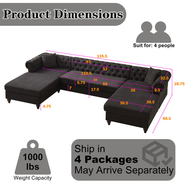 English Elm 135.5-inch Modern Chenille U-Shaped Sectional Sofa with Dual Chaise, Pull-Point Detail, Pillows, Wooden Legs Black W1926S00046
