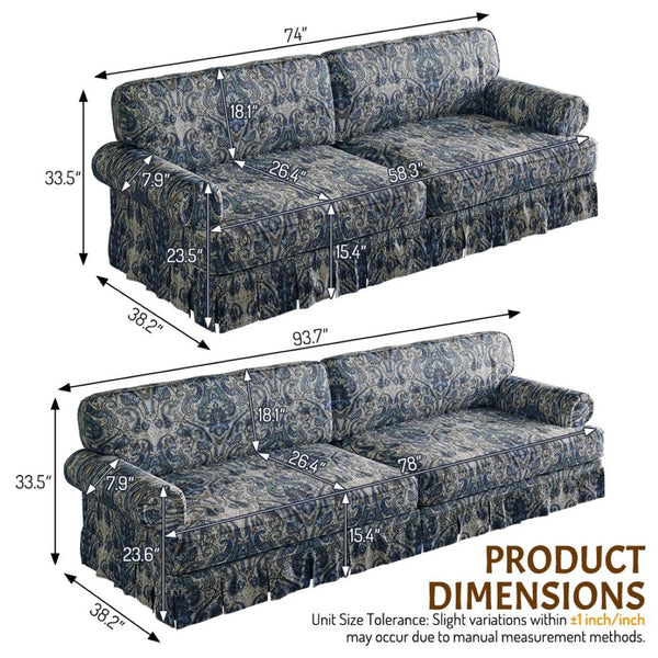 English Elm Luxuriously Deep Chenille Sofa with Pleated Skirt and Rolled Arms for Living Rooms Blue Floral W1885S00295