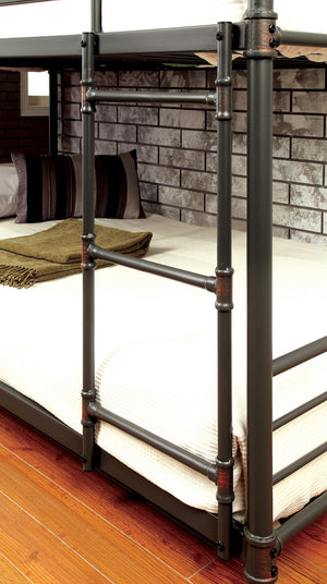 English Elm Twin Industrial-Style Triple Bunk Bed - Sturdy Metal Frame, Antique Black Finish, Dual Ladders & Guard Rails B2741S00393-GIGA