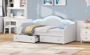 English Elm Twin Upholstered Daybed with Built-In LED & 2 Drawers, Velvet Platform Bed with Solid Wood Frame, Modern Curved Backrest, Twin Size, No Box Spring Needed Beige N7500001851A