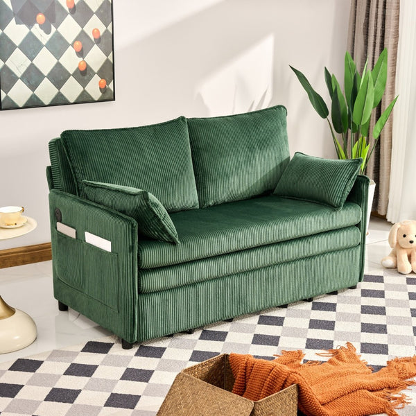 English Elm 55"convertible Corduroy Sofa Bed with Usb Port and Side Pockets for Small Apartments Green W3373P405040