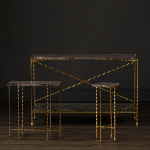 Flying Gold Marble Side Table - Industrial Chic Accent Table with Cappuccino Stone & Gold Iron Base