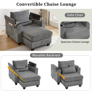 English Elm Convertible Chaise Lounge Sofa Chair With Usb Ports, Storage & Cup Holders – Ideal For Small Spaces! N719S002021E