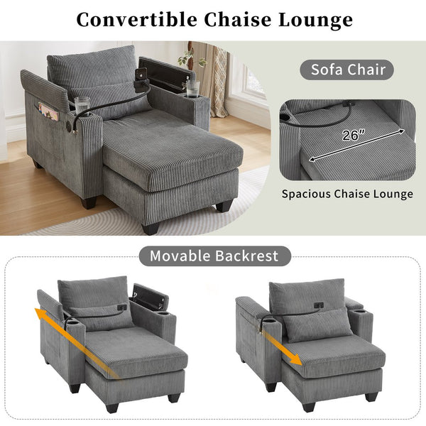 English Elm Convertible Chaise Lounge Sofa Chair With Usb Ports, Storage & Cup Holders – Ideal For Small Spaces! N719S002021E