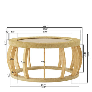 English Elm 35.43"vintage Woven Rattan Round Coffee Table Curved Wood Legs Boho Living Room W757P383547