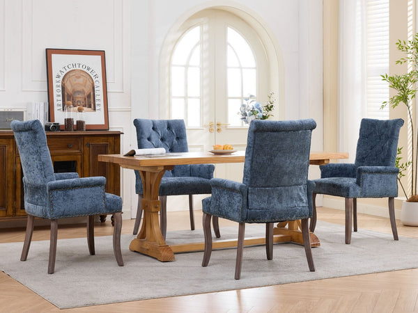 English Elm Upholstered Chenille Club Dining Chair Tufted High Back with Curved Solid Wood Legs Blue W1143P449346