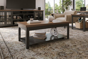 English Elm 48 Modern Farmhouse Coffee Table Black & Whiskey Finish, 48" Solid Wood Top, Shelf, Casters, Fully Assembled B108P160149