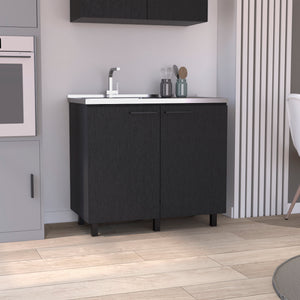 English Elm 2 Freestanding Utility Base Cabinet with Stainless Steel Top, Black Engineered Wood, Large Shelf & Handles B097S00111