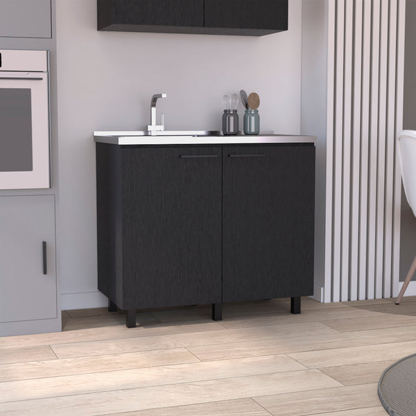 English Elm 2 Freestanding Utility Base Cabinet with Stainless Steel Top, Black Engineered Wood, Large Shelf & Handles B097S00111