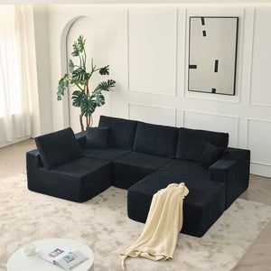 English Elm 139.3" Modular Sectional Sofa - Cloud-Like Boneless Corduroy Couch with Ottoman, 2 Pillows, No Assembly Black W2656S00007