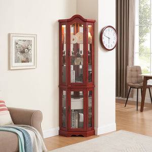 English Elm Lighted Corner Curio Cabinet - Elegant Cherry Display Case With Adjustable Shelves & Integrated Lighting W1758P294650