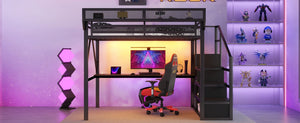 English Elm Twin Metal High Loft Bed with Staircase Storage Wardrobe for Kids and Teens W2580S00077