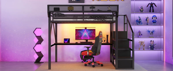 English Elm Twin Metal High Loft Bed with Staircase Storage Wardrobe for Kids and Teens W2580S00077