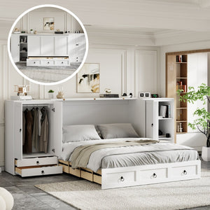English Elm Queen Murphy Bed with Wardrobe Cabinets Built-in Usb Charging and Concealed Drawers White LP000590AAK