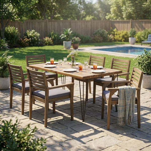 English Elm 7 Piece Acacia Wood Outdoor Dining Set with Iron Hairpin Legs and Wicker Chairs N762S000041AAE