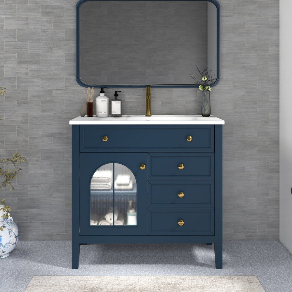 English Elm 35.6" Freestanding Bathroom Vanity with Roman Column Base and Ceramic Integrated Sink Blue W1801S00012