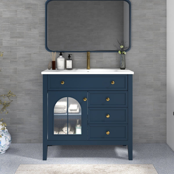 English Elm 35.6" Freestanding Bathroom Vanity with Roman Column Base and Ceramic Integrated Sink Blue W1801S00012