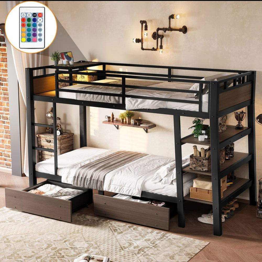 English Elm Full Size Metal Loft Bed with Stair Storage Shelves Bookshelf for Dorms Bedroom W1580S00346