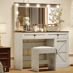 English Elm 43.4"Makeup Vanity Table with Large LED Mirror, Adjustable Brightness, 3 Drawers & Stool for Organized Glam Routine White W2386P199523