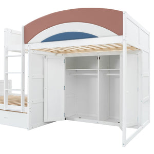 English Elm Full Size Offset Bunk Bed with Wardrobe Hanging Rod Drawers and Upholstered Rail White N820S00081K