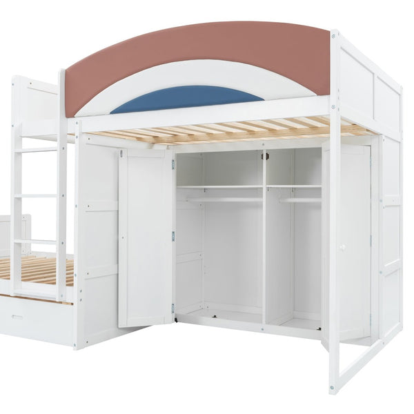 English Elm Full Size Offset Bunk Bed with Wardrobe Hanging Rod Drawers and Upholstered Rail White N820S00081K