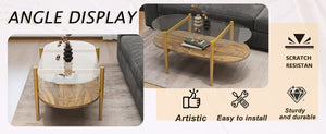 English Elm Oval Glass Coffee Table - Mid-Century Modern 2-Tier Tempered Glass Top Walnut Shelf Gold Legs, L41 W1727P356427