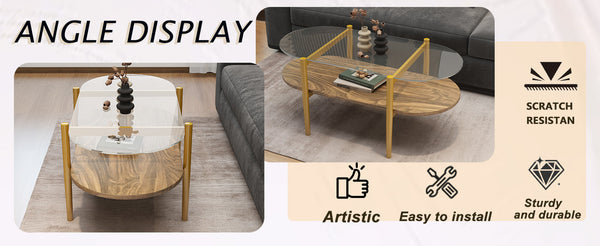 English Elm Oval Glass Coffee Table - Mid-Century Modern 2-Tier Tempered Glass Top Walnut Shelf Gold Legs, L41 W1727P356427