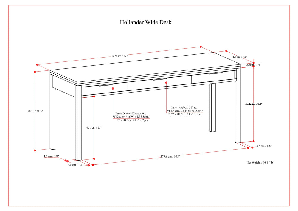 English Elm Hollander Wide Desk in Walnut Brown — Handcrafted Solid Wood, Spacious Surface, 3 Drawers & Keyboard Tray B136P283765