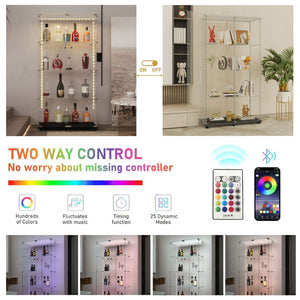 English Elm Tempered Glass Display Cabinet With Bluetooth Led Lighting, Swivel Casters, Versatile Storage Solutions W3155S00003-GIGA